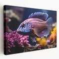 Stretched canvas wall art showcasing a vibrant marine life fish design, featuring intricate details and bright colors, perfect for ocean-themed decor in any space.