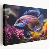 Stretched canvas wall art showcasing a vibrant marine life fish design, featuring intricate details and bright colors, perfect for ocean-themed decor in any space.