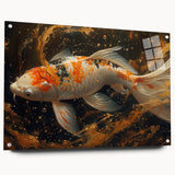 Colorful marine life wall art design featuring various fish species printed on acrylic glass, displayed in a side view with decorative pins, perfect for ocean-themed decor.