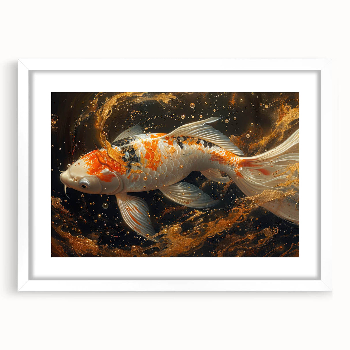 Framed wall art featuring a vibrant marine life fish design with a white mat, showcasing colorful aquatic elements ideal for ocean-themed decor. Perfect for enhancing living spaces or coastal interiors.
