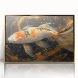 Framed wall art showcasing a vibrant marine life fish design with gold accents, perfect for aquatic-themed decor, enhancing any living space.