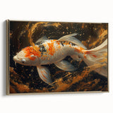 Framed canvas wall art featuring a vibrant marine life fish design in gold tones, showcasing intricate details and textures, ideal for ocean-themed decor.