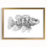 Framed wall art featuring a vibrant marine life fish design in gold, showcasing intricate details and colors, perfect for ocean-themed decor. Ideal for adding elegance to any space.