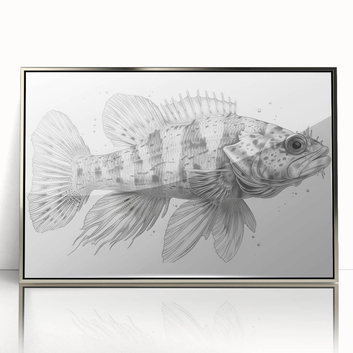 Framed acrylic wall art showcasing a vibrant marine life fish design in silver, ideal for coastal-themed decor, enhancing any room with oceanic charm.