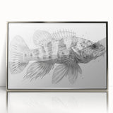 Framed acrylic wall art showcasing a vibrant marine life fish design in silver, ideal for coastal-themed decor, enhancing any room with oceanic charm.