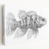 Stretched canvas wall art showcasing a vibrant marine life fish design with colorful aquatic elements, perfect for enhancing coastal-themed decor in homes or offices.