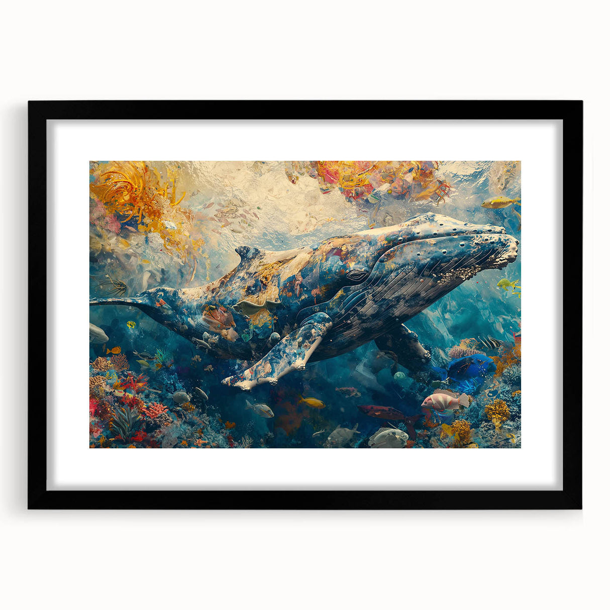 Black-framed wall art featuring a colorful marine life fish design, showcasing vibrant aquatic colors and details, ideal for enhancing home decor and ocean-themed spaces.