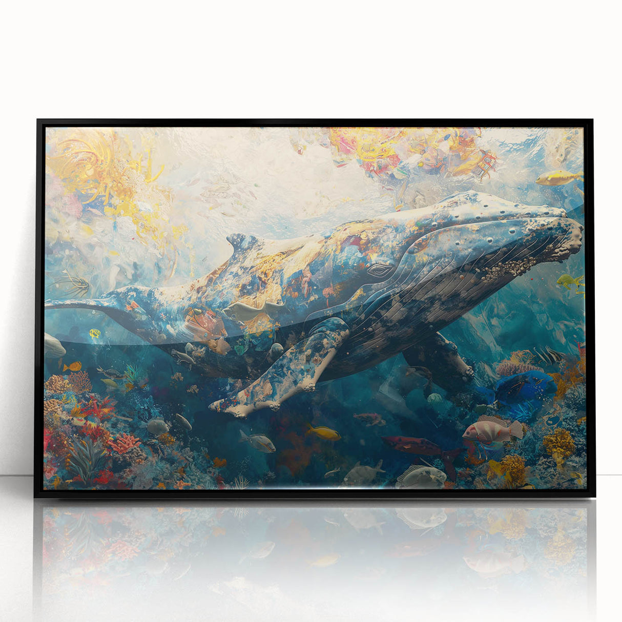 Framed acrylic wall art featuring vibrant marine life fish design, showcasing intricate details and a striking black frame, perfect for ocean-themed decor.