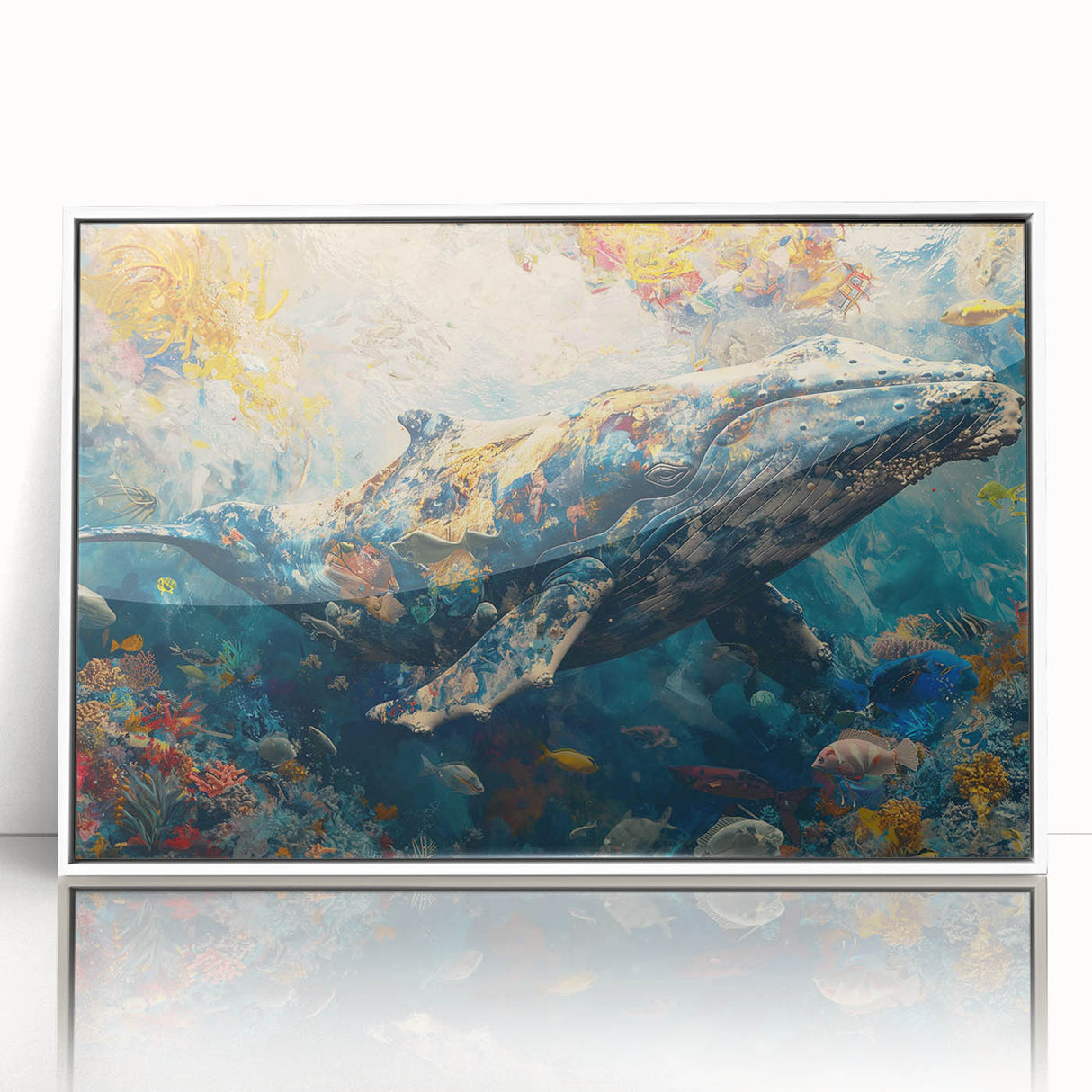 Framed acrylic wall art showcasing vibrant marine life fish design in a white frame, ideal for coastal-themed decor, adding color and elegance to any space.