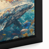 Close-up of a framed canvas wall art featuring vibrant marine life fish design, showcasing intricate details and vivid colors, perfect for ocean-themed decor.