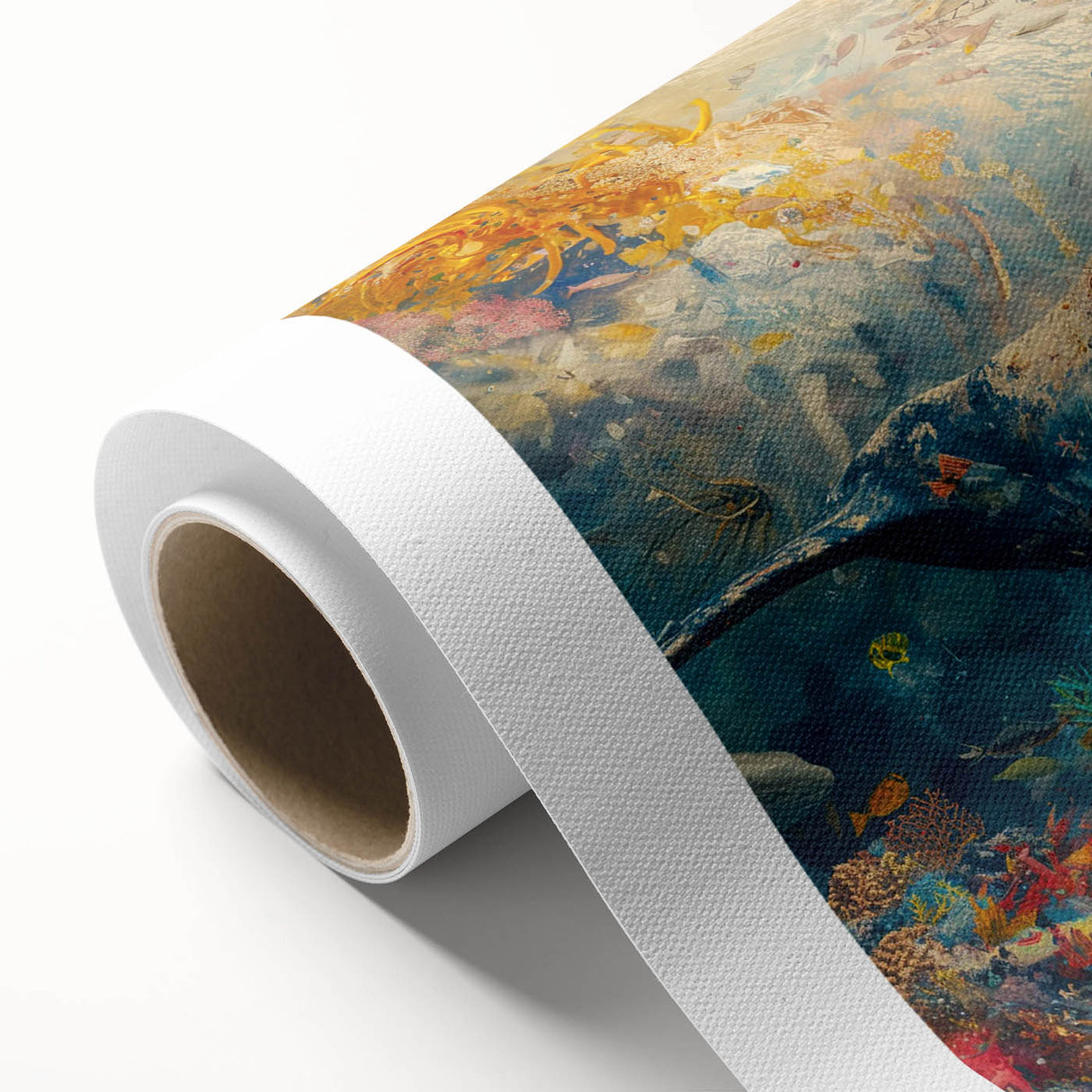 Vibrant rolled canvas wall art showcasing a colorful marine life fish design, featuring various fish species in bright colors, ideal for ocean-themed decor.