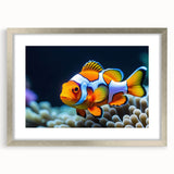 Framed wall art featuring a vibrant marine life fish design, elegantly presented with a silver frame and matting, ideal for ocean-themed decor.