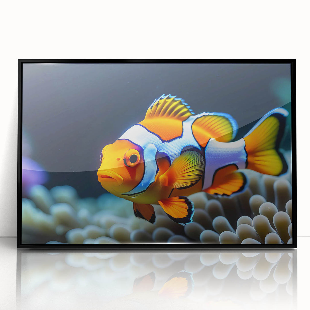 Framed wall art piece showcasing a vibrant marine life fish design, featuring a black border and acrylic front, perfect for ocean-themed decor in homes or offices.