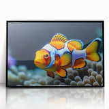 Framed wall art piece showcasing a vibrant marine life fish design, featuring a black border and acrylic front, perfect for ocean-themed decor in homes or offices.
