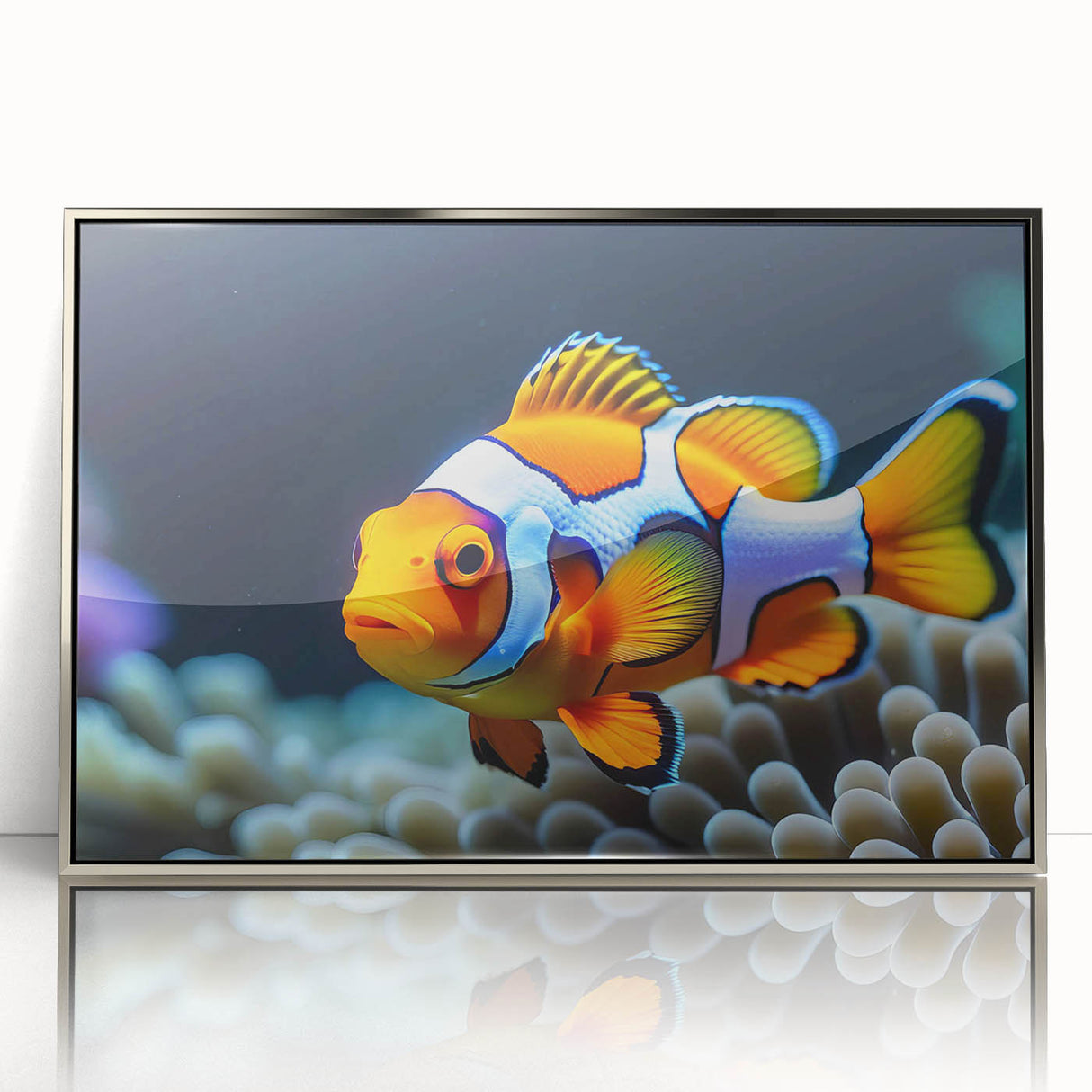 Framed acrylic wall art showcasing a vibrant marine life fish design in silver, perfect for ocean-themed decor, adding a touch of elegance to any space.