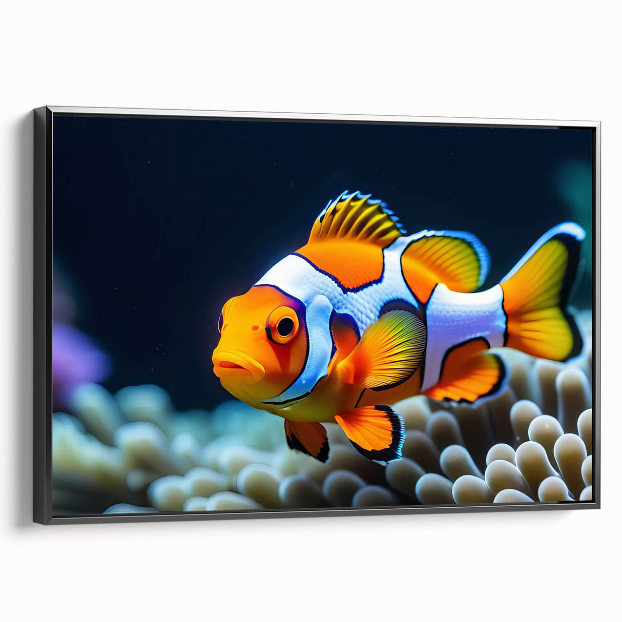Framed canvas wall art featuring a colorful marine life fish design, showcasing vibrant fish illustrations on a black background, perfect for ocean-themed decor.