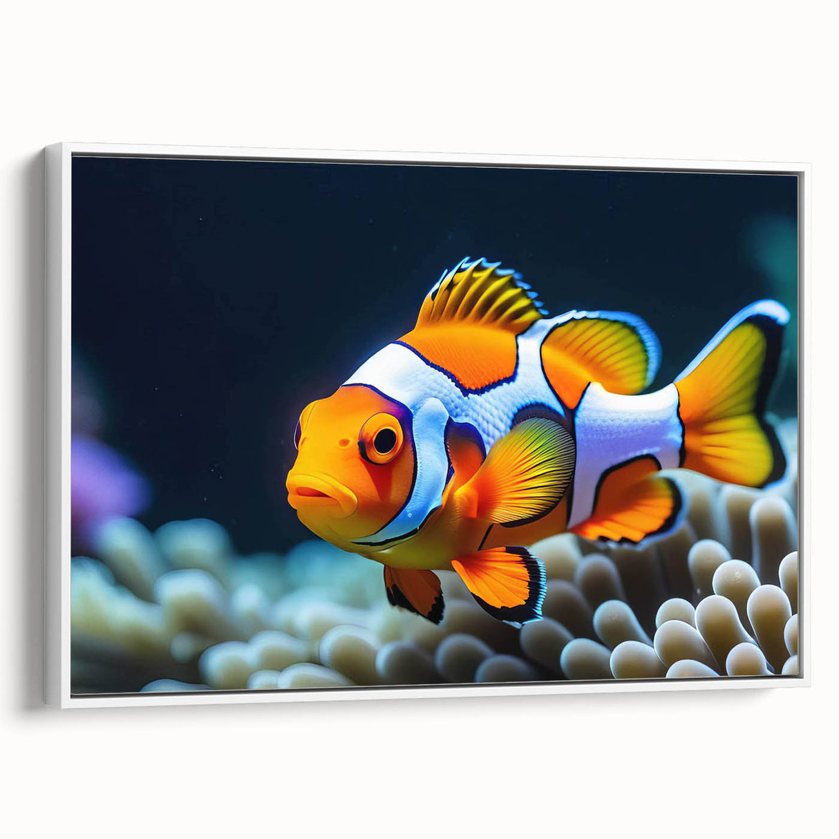 Framed wall art showcasing a vibrant marine life fish design on canvas, featuring a white frame and side view perspective, ideal for ocean-themed decor.