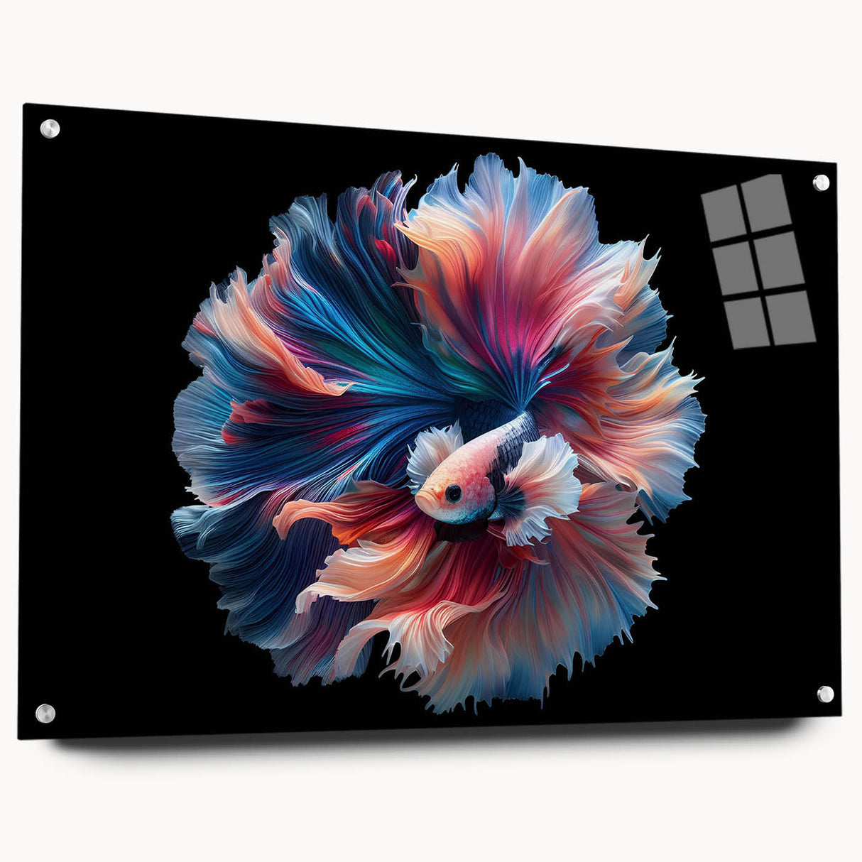 Vibrant acrylic wall art collection showcasing marine life fish design, displayed side view with decorative pins, perfect for aquatic-themed decor.