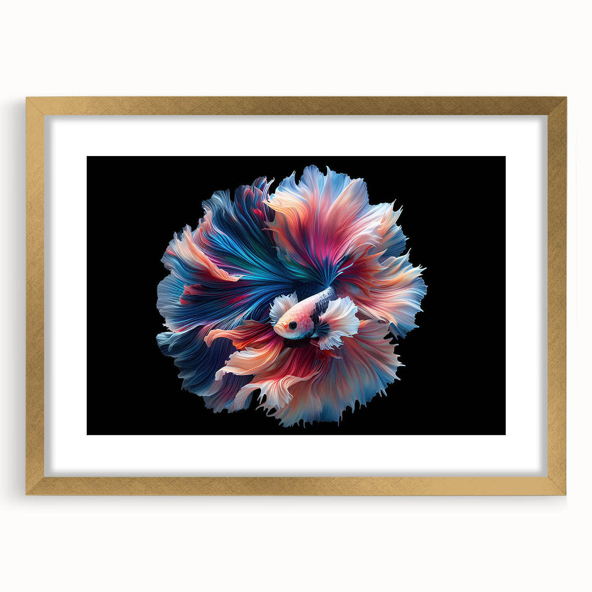 Framed wall art showcasing a vibrant marine life fish design in gold, featuring a sleek mat, perfect for enhancing coastal decor in any room.