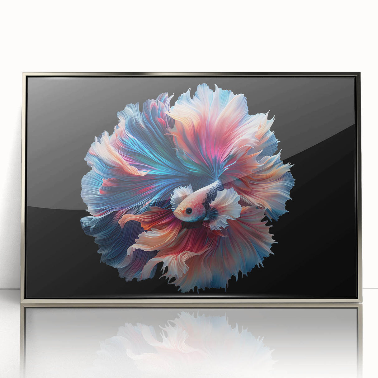 Framed acrylic wall art featuring a vibrant marine life fish design, showcasing colorful aquatic species against a sleek silver frame, ideal for ocean-themed decor.