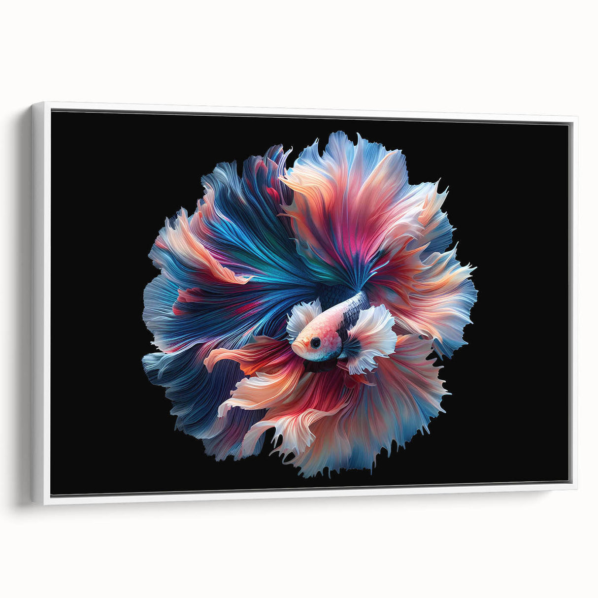 Framed canvas wall art featuring a vibrant marine life fish design, showcasing colorful oceanic creatures against a white background, ideal for aquatic-themed decor.