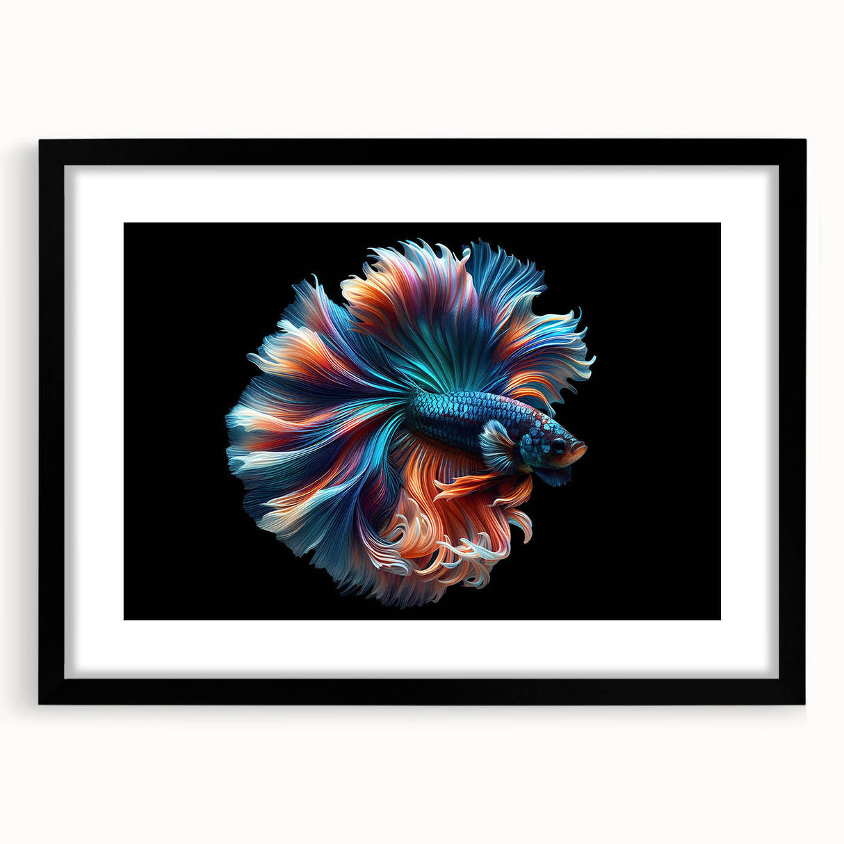 Framed wall art featuring a vibrant marine life fish design, showcasing colorful fish against a black mat background, perfect for ocean-themed decor.