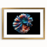 Framed wall art featuring a vibrant marine life fish design in gold, with a mat surrounding the artwork, highlighting its colorful details and textures. Perfect for ocean-themed decor.