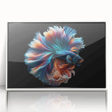 Framed acrylic wall art showcasing a vibrant marine life fish design with intricate details, set against a white background for a modern aesthetic. Perfect for ocean-themed decor.