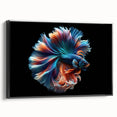 Framed canvas wall art featuring a vibrant marine life fish design in blue and green hues, showcased from a black side view, perfect for ocean-themed decor.