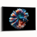 Framed canvas wall art featuring a vibrant marine life fish design in blue and green hues, showcased from a black side view, perfect for ocean-themed decor.