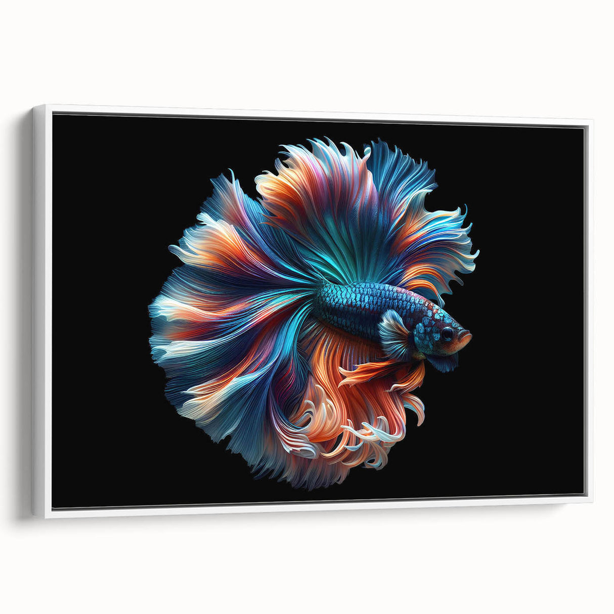 Framed canvas wall art showcasing a vibrant marine life fish design with intricate details, set against a crisp white background, perfect for ocean-themed decor.