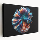 Stretched canvas wall art showcasing a vibrant marine life fish design in vivid colors, perfect for ocean-themed decor, highlighting intricate details and fluid shapes.