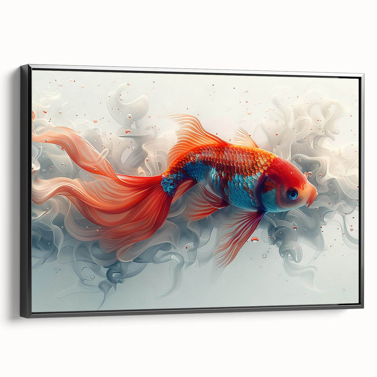Framed canvas wall art showcasing a vibrant marine life fish design in a sleek black frame, viewed from the side, perfect for ocean-themed decor.