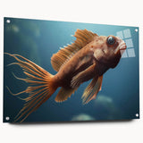 Acrylic glass wall art featuring a vibrant marine life fish design, showcasing colorful fish in a dynamic underwater scene, mounted with decorative pins.
