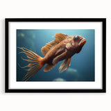 Framed wall art showcasing a vibrant marine life fish design, featuring a sleek black frame and mat, perfect for enhancing aquatic-themed decor.