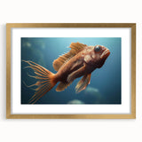 Framed wall art featuring a vibrant marine life fish design, set in a gold frame with a mat, showcasing colorful aquatic creatures ideal for ocean-themed decor.