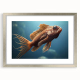 Framed marine life wall art featuring a colorful fish design, set in a sleek silver frame with a white mat, ideal for ocean-themed decor. Perfect for enhancing any living space.