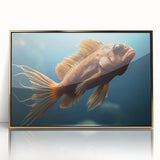 Framed acrylic wall art showcasing a vibrant marine life fish design with gold accents, ideal for ocean-themed decor in modern interiors.