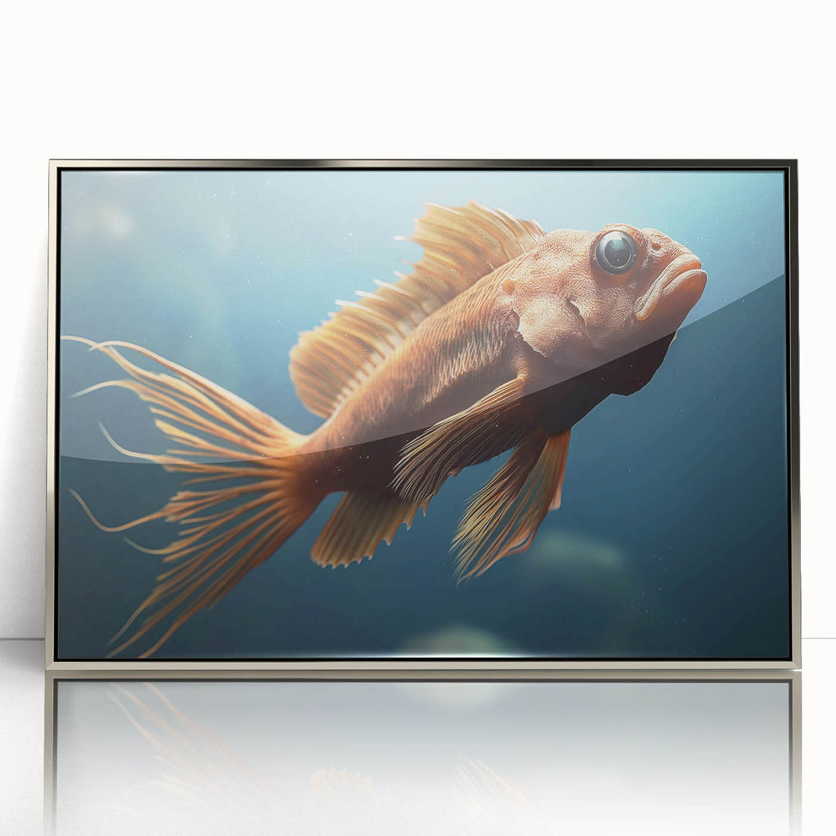 Framed acrylic wall art showcasing a vibrant marine life fish design in silver, perfect for enhancing ocean-themed decor. Ideal for living rooms or coastal settings.