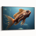 Framed canvas wall art showcasing a vibrant marine life fish design, featuring various colorful fish against a black background, perfect for ocean-themed decor.
