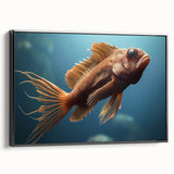 Framed canvas wall art showcasing a vibrant marine life fish design, featuring various colorful fish against a black background, perfect for ocean-themed decor.