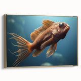 Framed canvas wall art featuring a vibrant marine life fish design, showcasing colorful aquatic species against a gold background, ideal for ocean-themed decor.