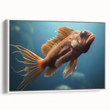 Framed canvas wall art showcasing a vibrant marine life fish design, featuring colorful fish and aquatic elements, displayed in a sleek white frame, ideal for coastal decor.