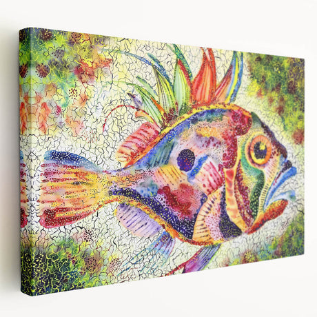 Stretched canvas wall art showcasing a vibrant marine life fish design with colorful aquatic creatures, ideal for ocean-themed decor in living spaces.