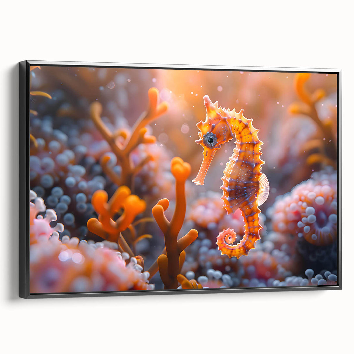 Framed wall art showcasing a vibrant marine life fish design on a canvas with a sleek black frame, perfect for ocean-themed home decor. Ideal for enhancing interior spaces.