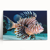 Colorful marine life wall art featuring a vibrant fish design on stretched canvas, leaning against a neutral backdrop, perfect for enhancing coastal decor.