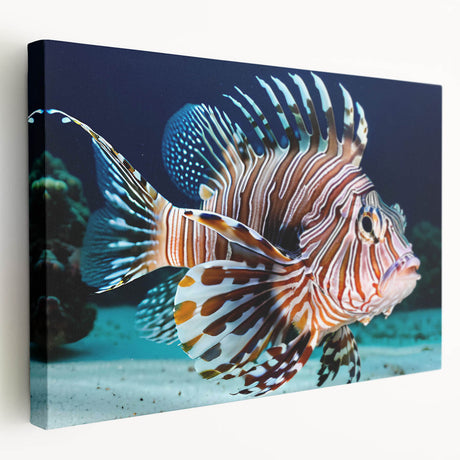 Colorful marine life wall art design featuring various fish species on a stretched canvas, showcased from a side view, perfect for ocean-themed decor.
