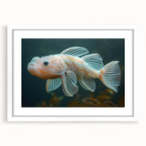 Stylish wall art frame showcasing a vibrant marine life fish design, featuring a white mat for a polished look. Perfect for ocean-themed decor in homes or offices.