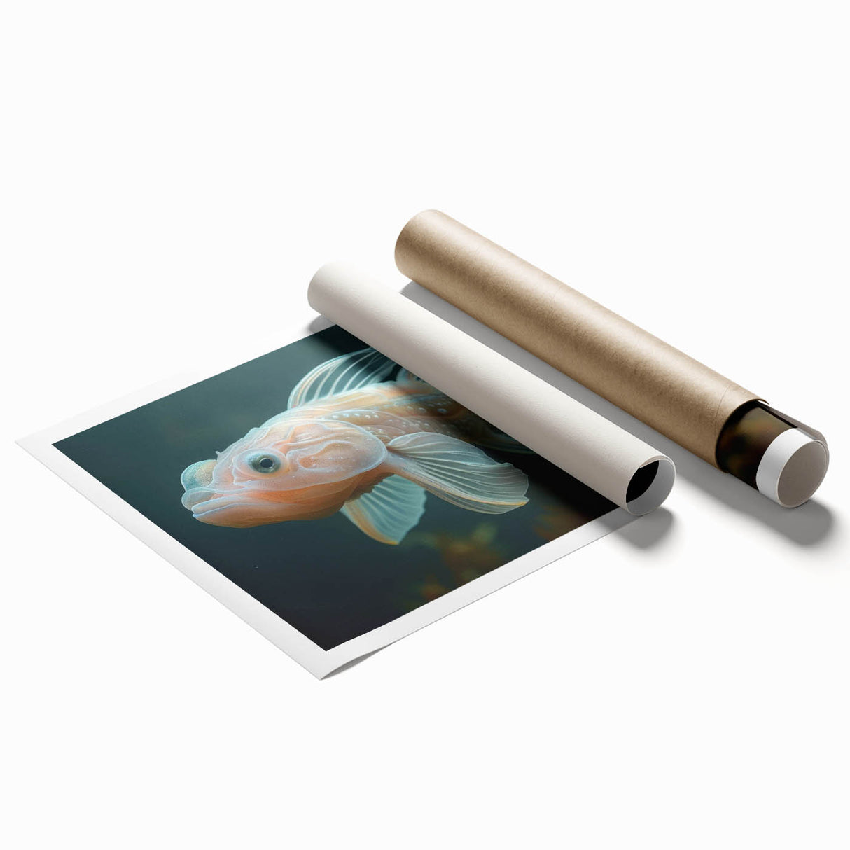 Colorful marine life fish design wall art print showcasing vibrant ocean-inspired illustrations on a rolled canvas, perfect for coastal-themed decor.