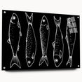 Side view of a vibrant acrylic glass wall art piece featuring a colorful marine life fish design, displayed with decorative pins in a modern setting. The artwork showcases intricate details and rich colors, enhancing any aquatic-themed decor.